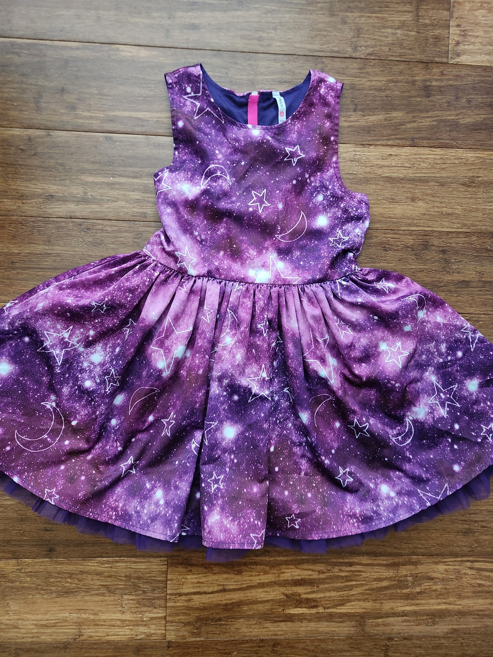 Girl's Galaxy Moon & Star Purple Sleeveless Party Lined Dress, Size 8